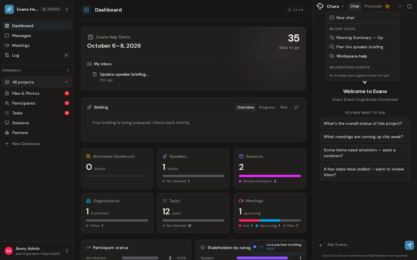 Create, switch, share, and manage conversations in Evane