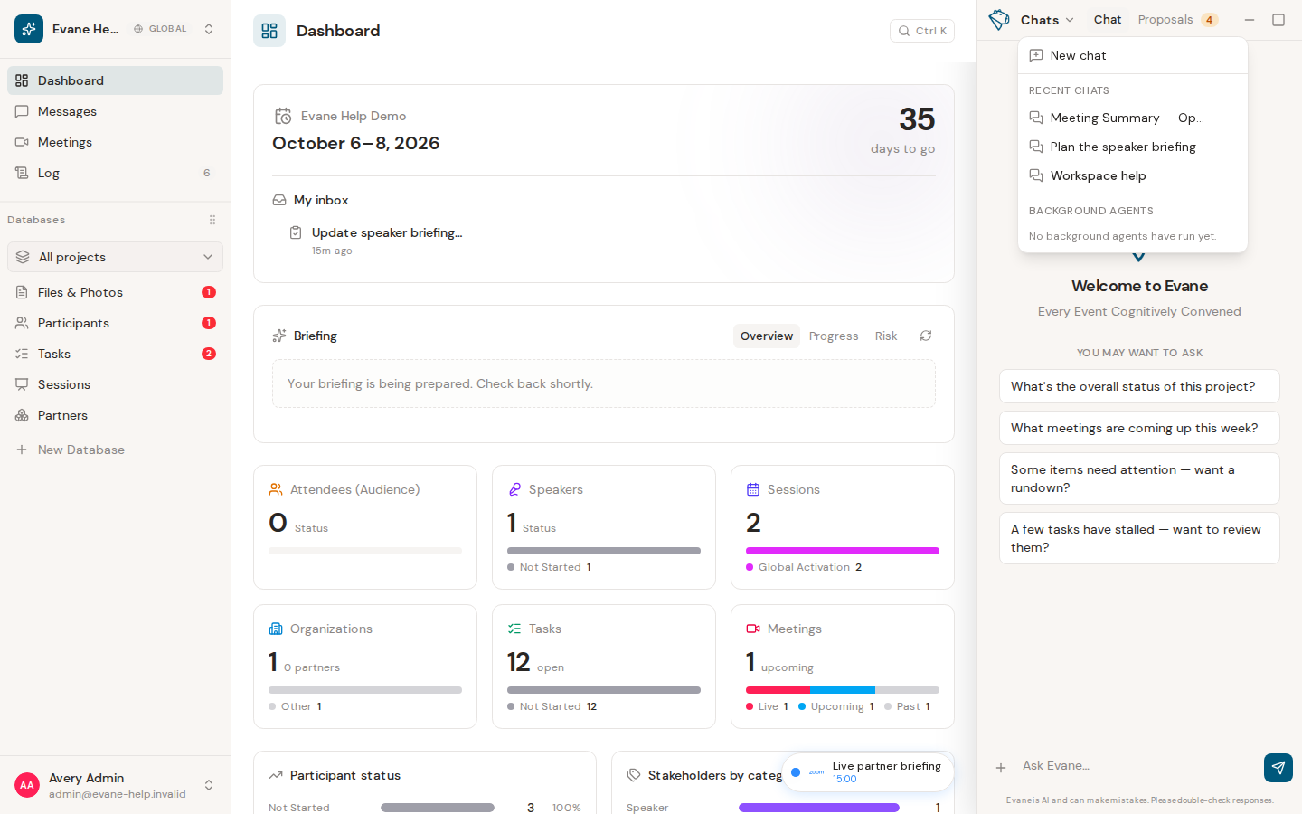 Create, switch, share, and manage conversations in Evane