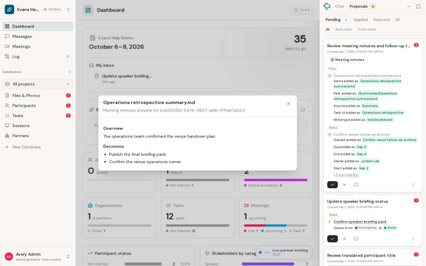 Review Meeting-summary changes and generated Tasks in Evane