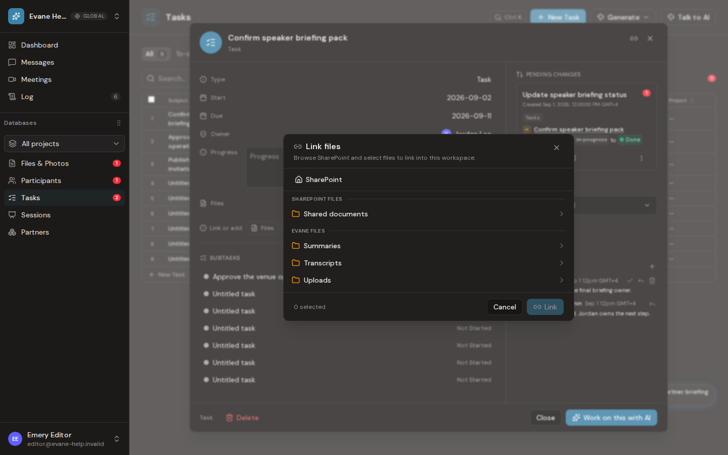 Link and unlink files from business records in Evane