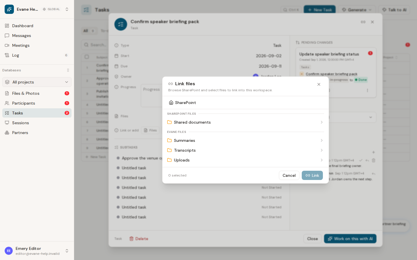 Link and unlink files from business records in Evane