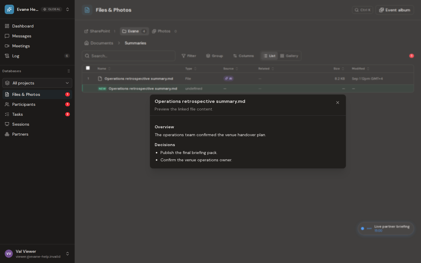 Preview or download files in Evane