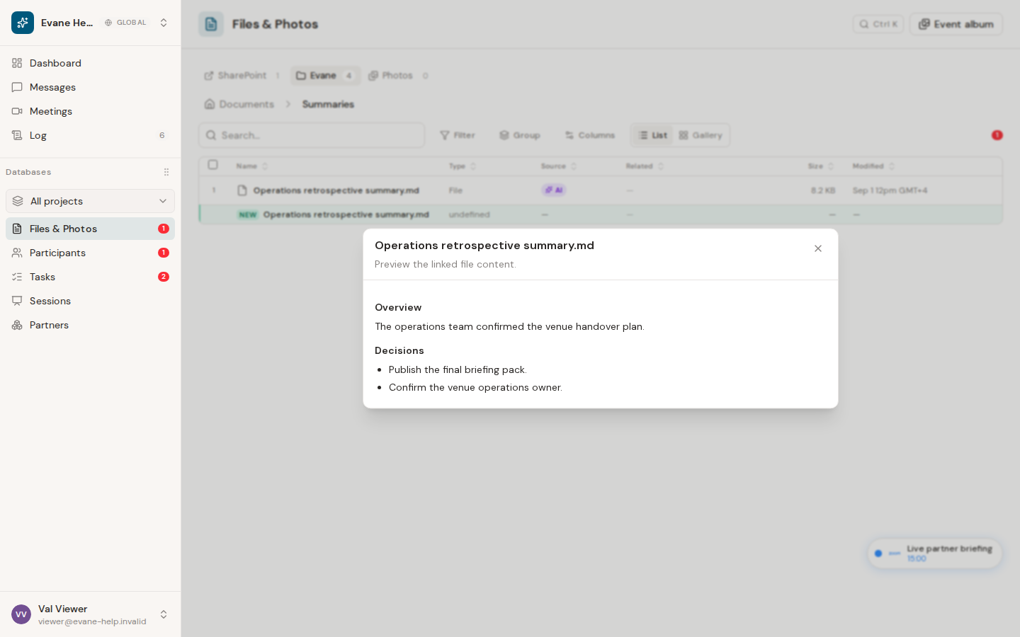 Preview or download files in Evane