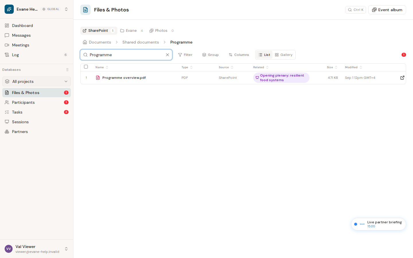 Search and browse the file library in Evane