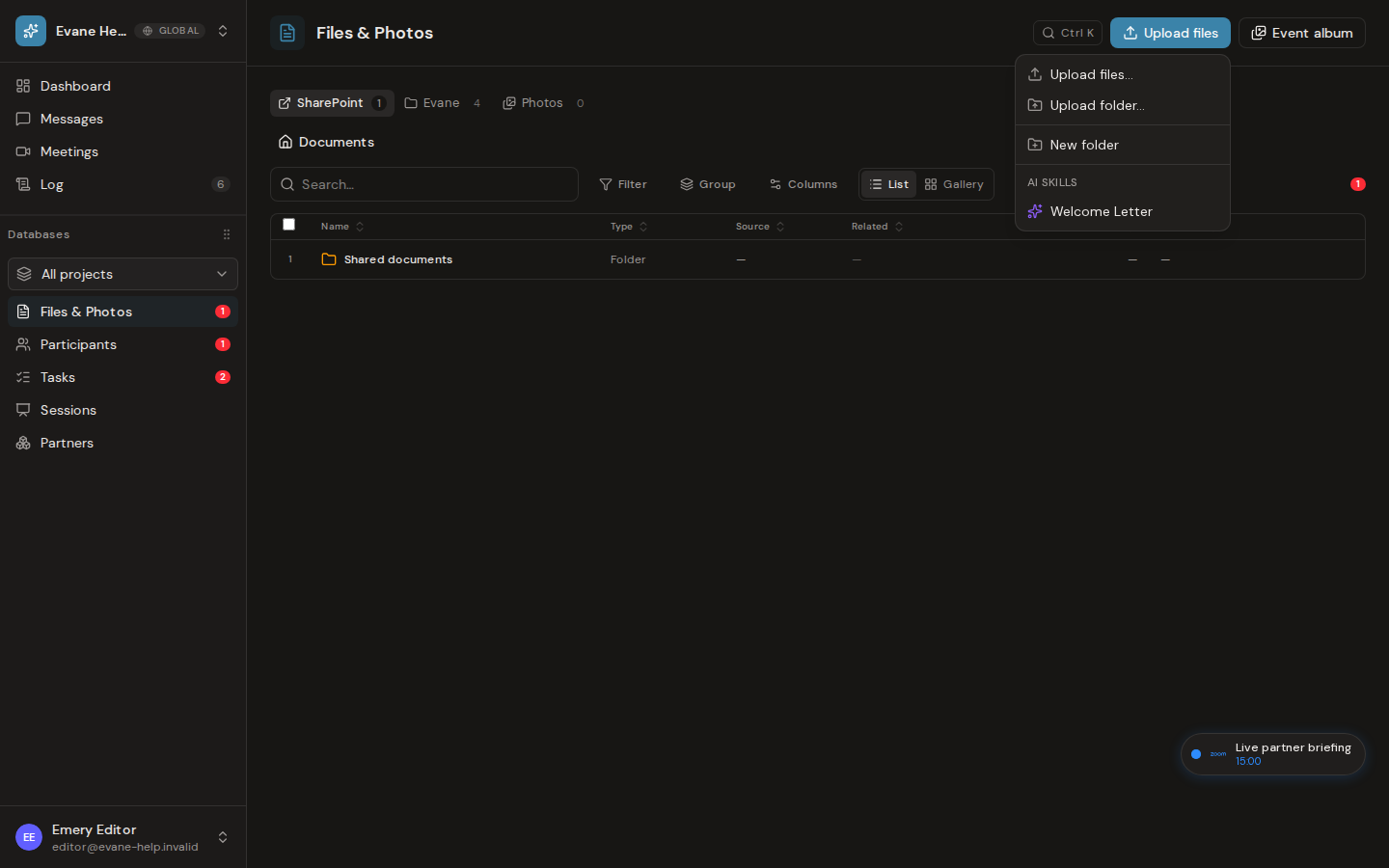 Upload files and create folders in Evane