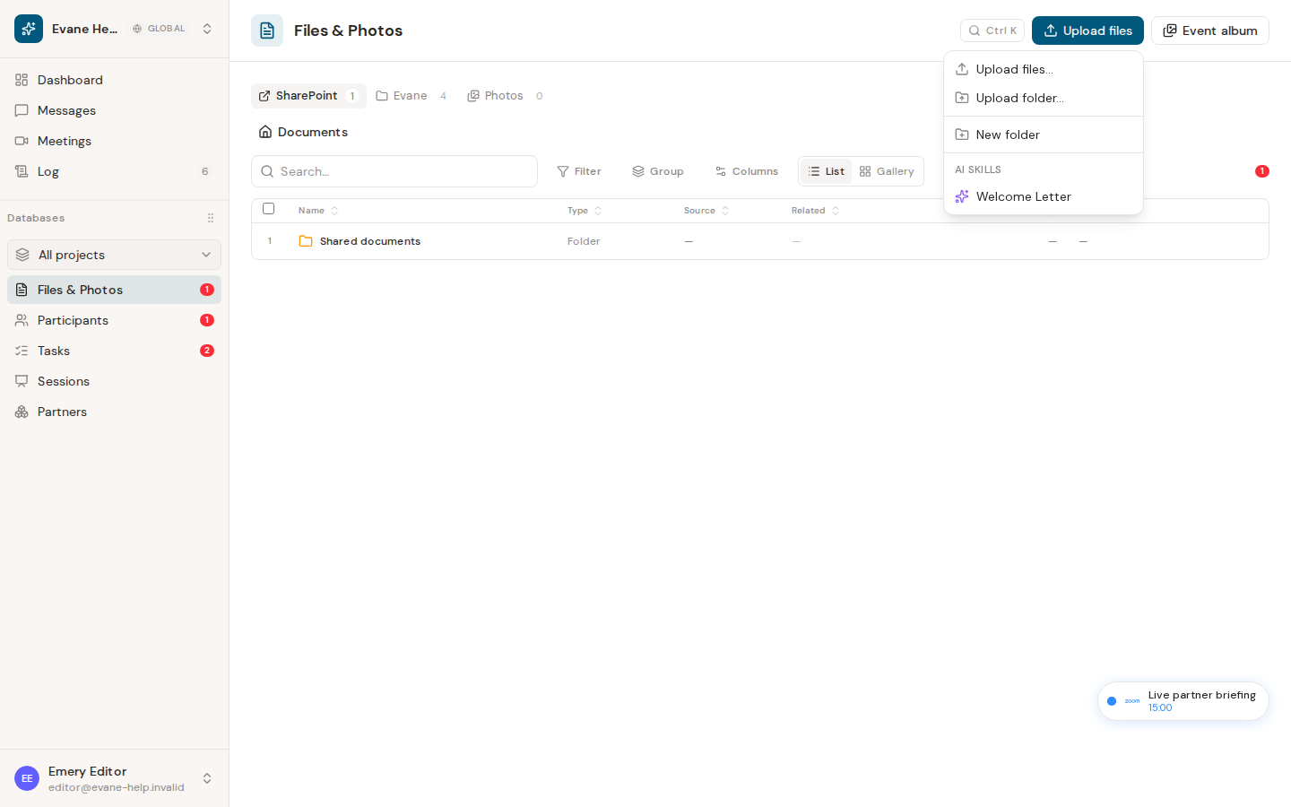 Upload files and create folders in Evane