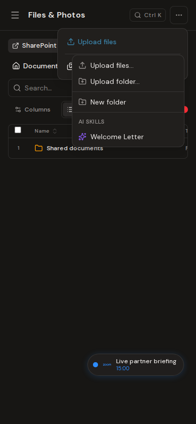 File upload and folder menu on mobile