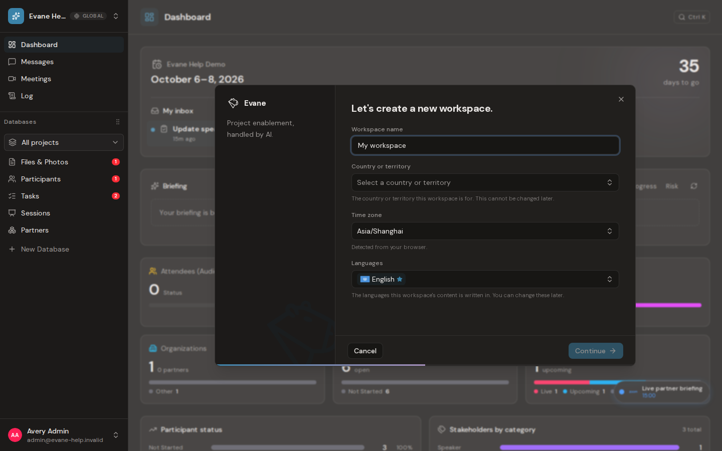 Complete your first-time setup in Evane