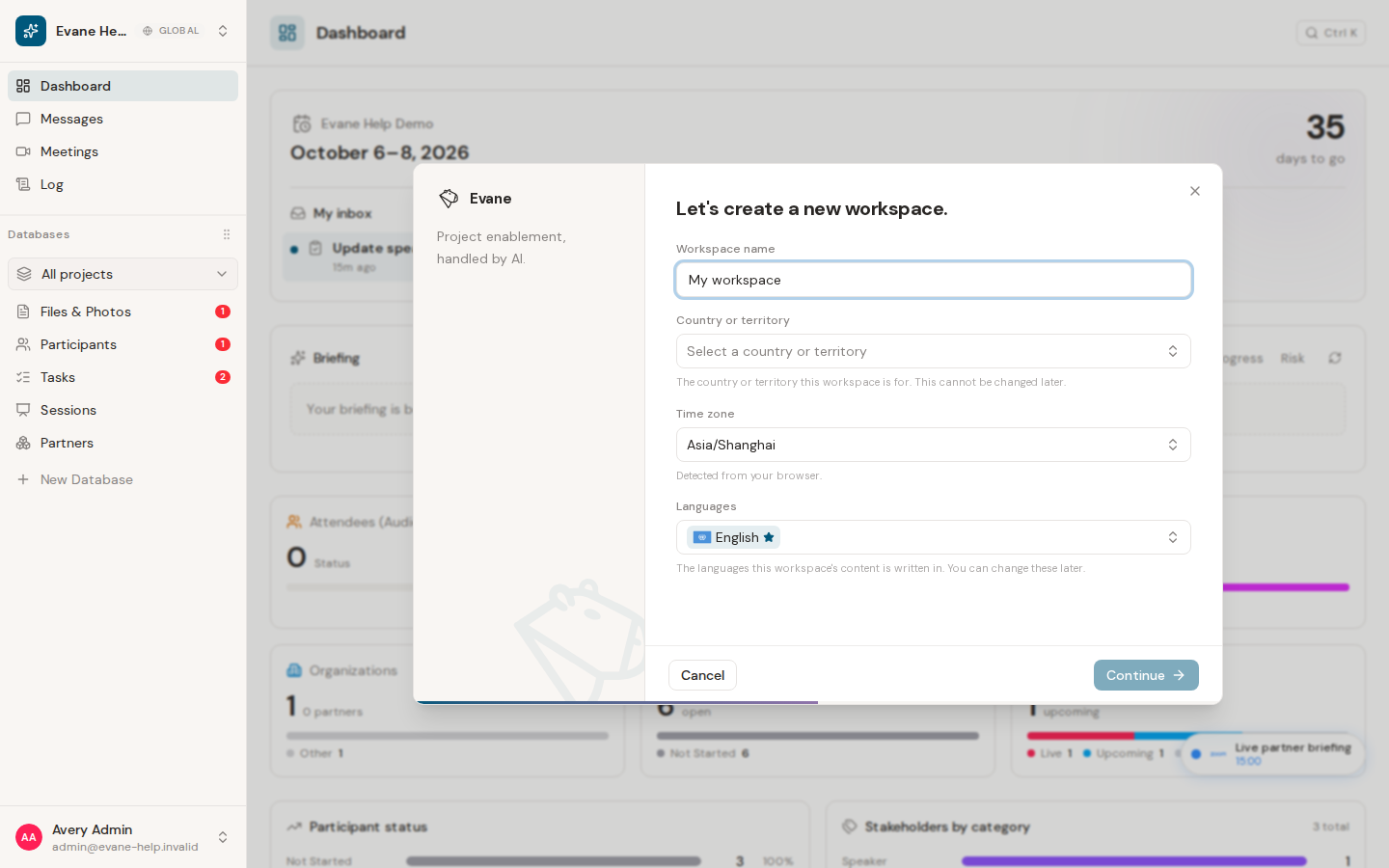 Complete your first-time setup in Evane