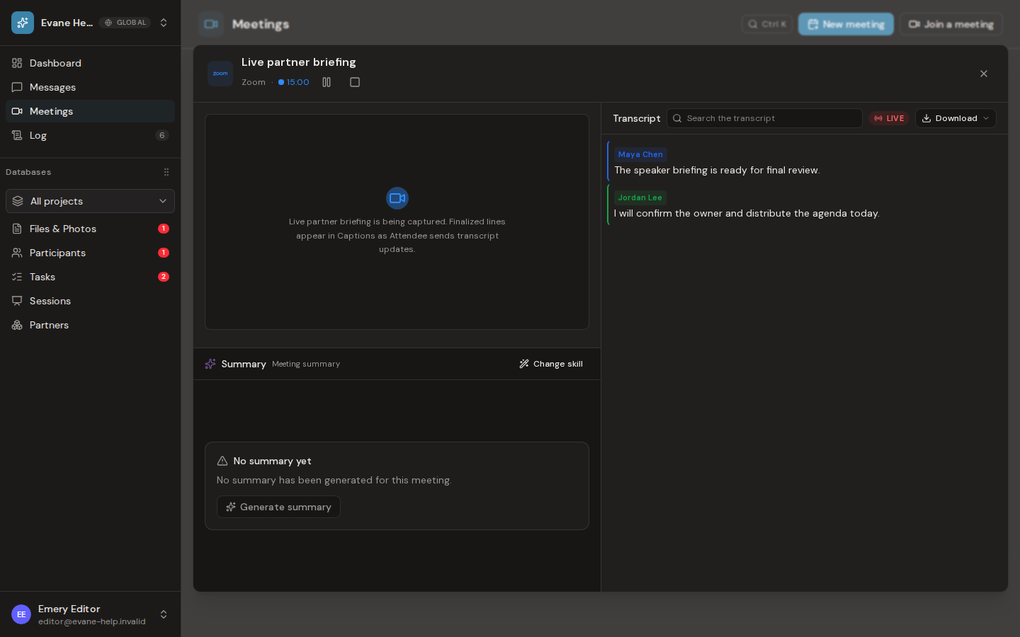 View live captions and speakers in Evane