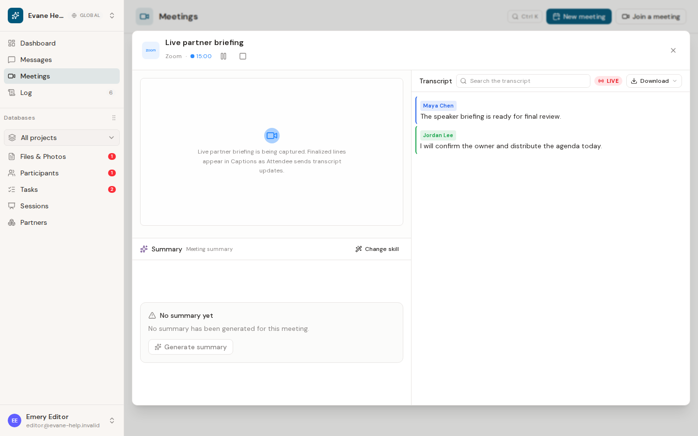 View live captions and speakers in Evane