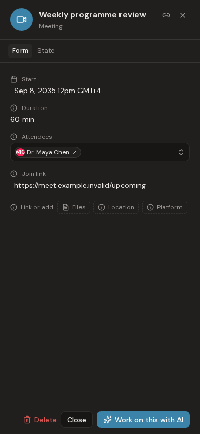 Manage participants and files for a scheduled meeting in Evane