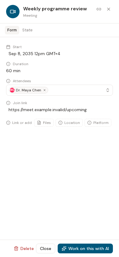 Manage participants and files for a scheduled meeting in Evane