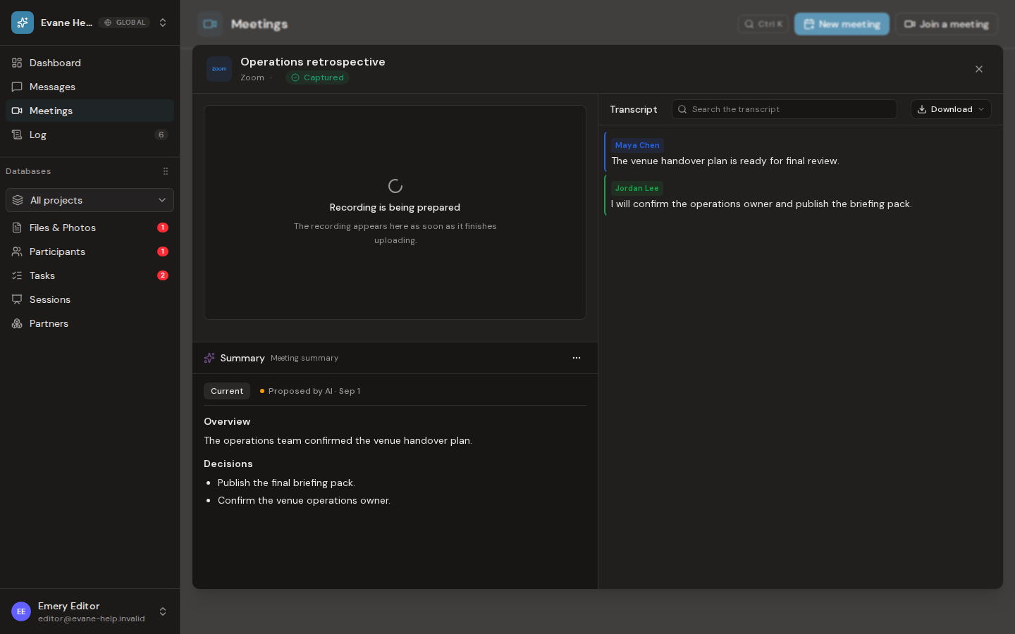 Understand meeting recording retention and availability in Evane