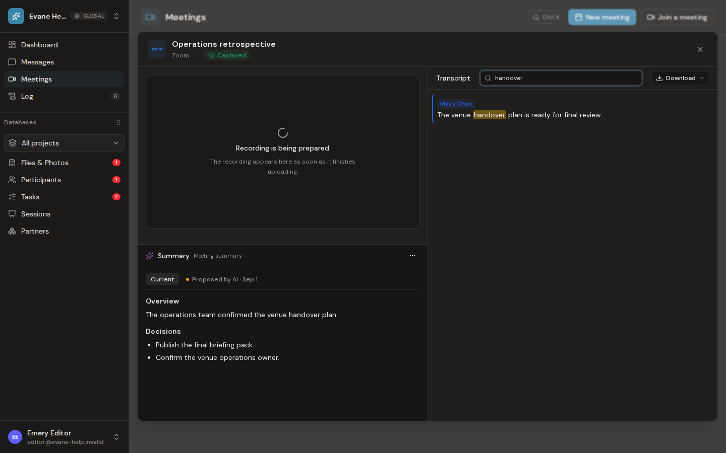 Review a transcript and meeting summary in Evane