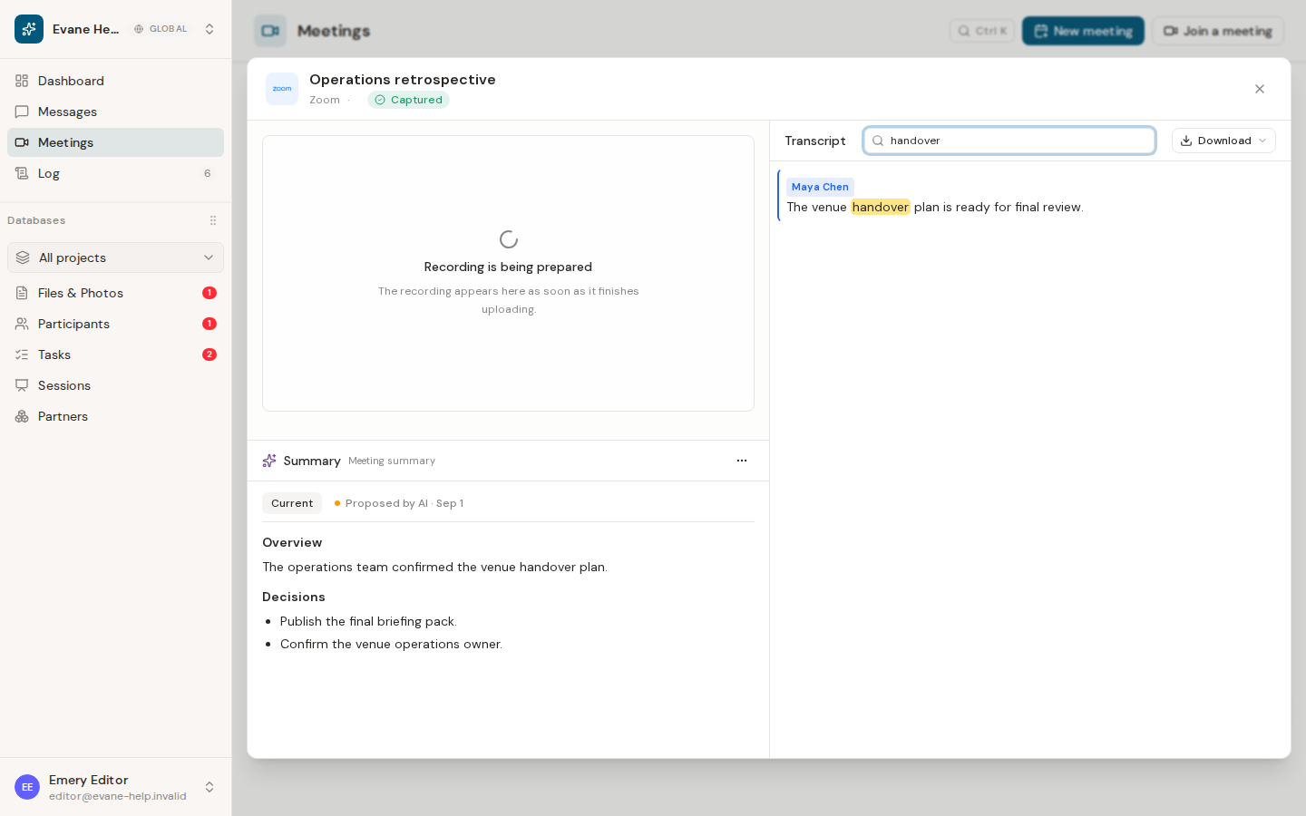 Review a transcript and meeting summary in Evane