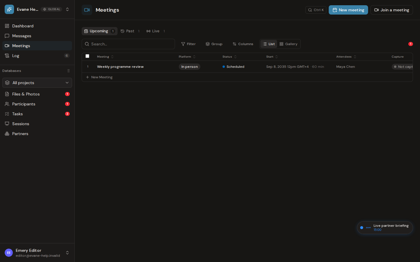 Understand Upcoming, Live, and Past meetings in Evane