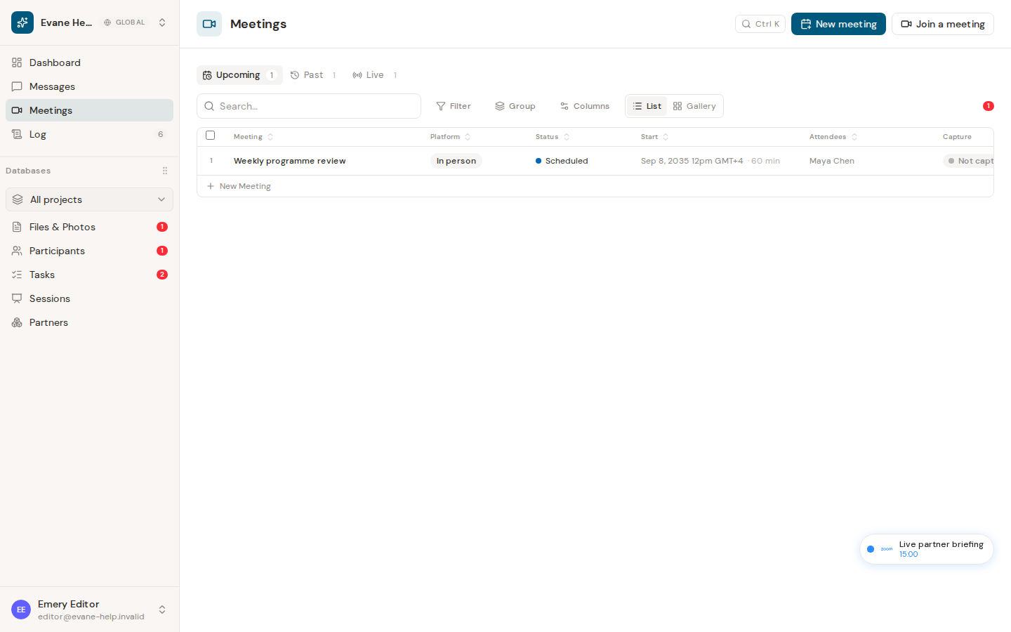 Understand Upcoming, Live, and Past meetings in Evane
