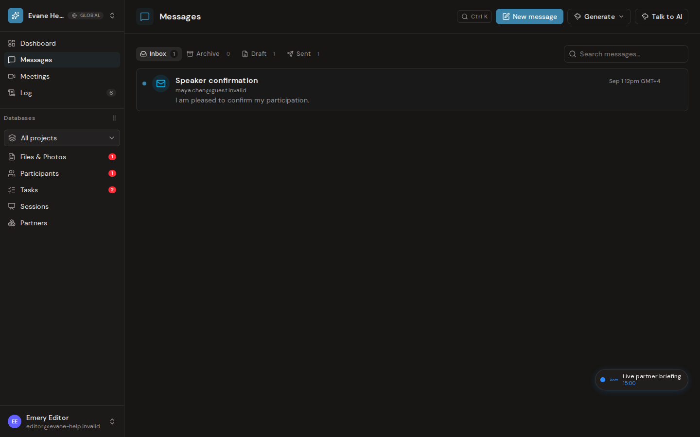 Navigate Inbox, Sent, Draft, and Archive in Evane