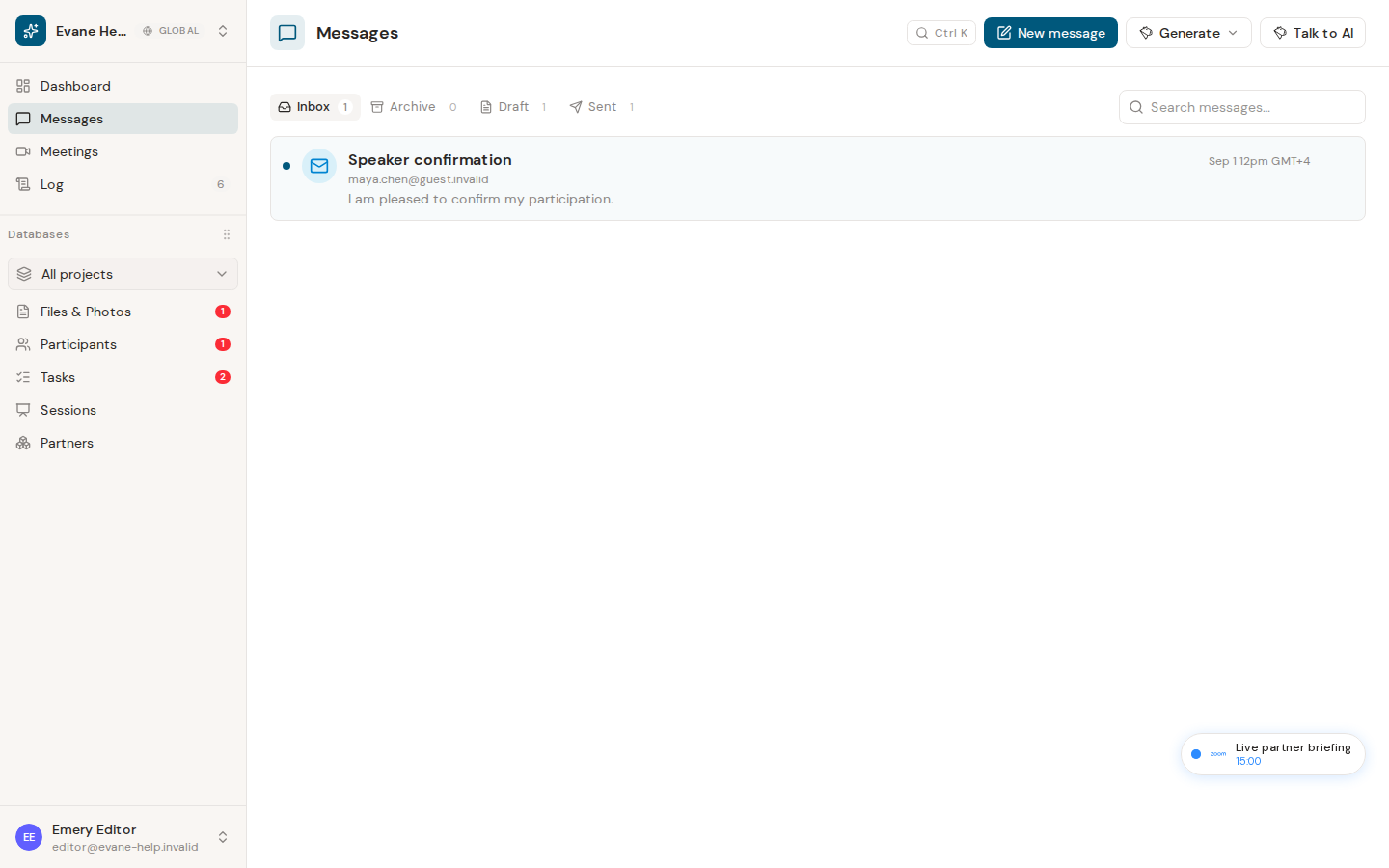 Navigate Inbox, Sent, Draft, and Archive in Evane