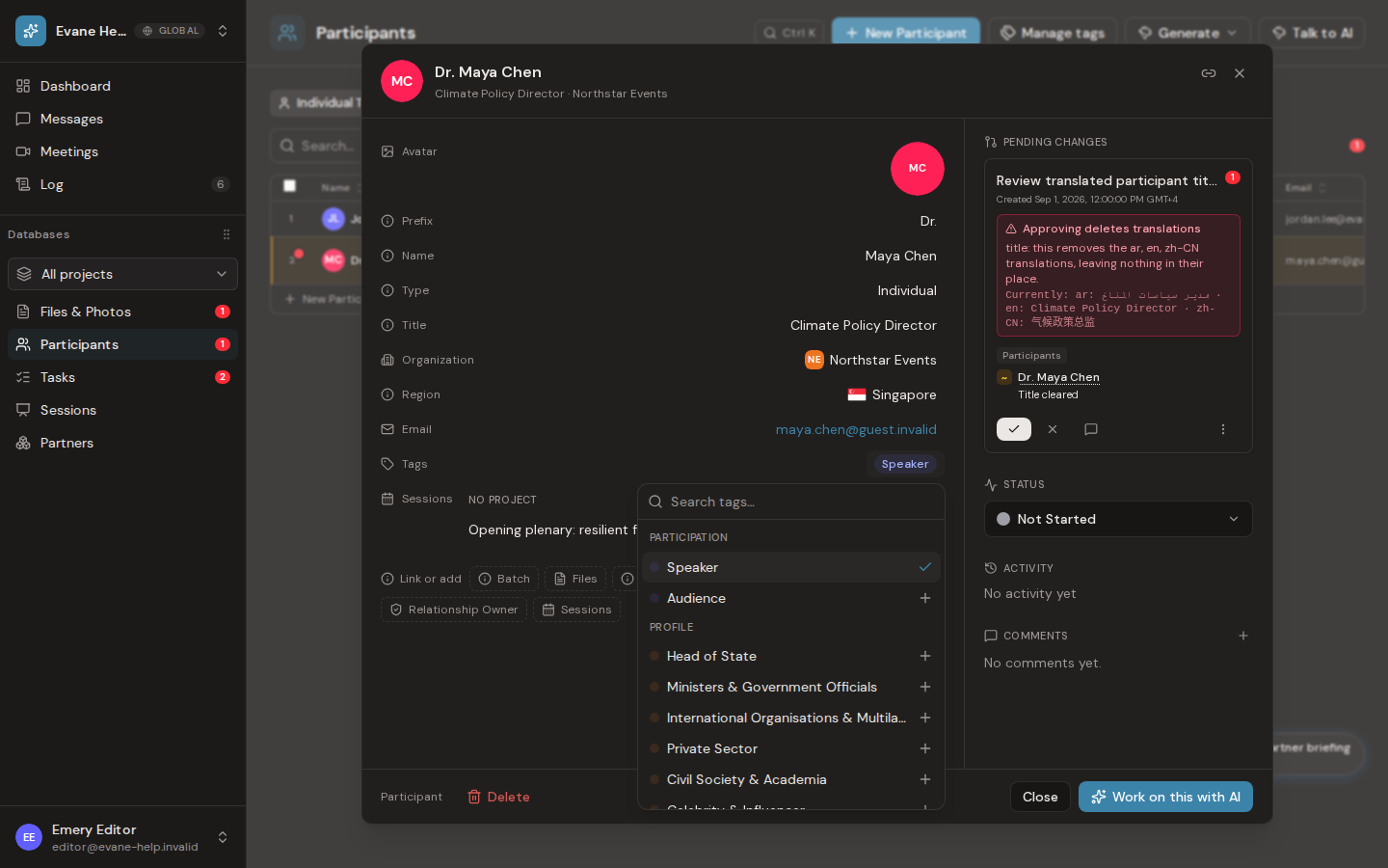 Manage participant photos, tags, and files in Evane