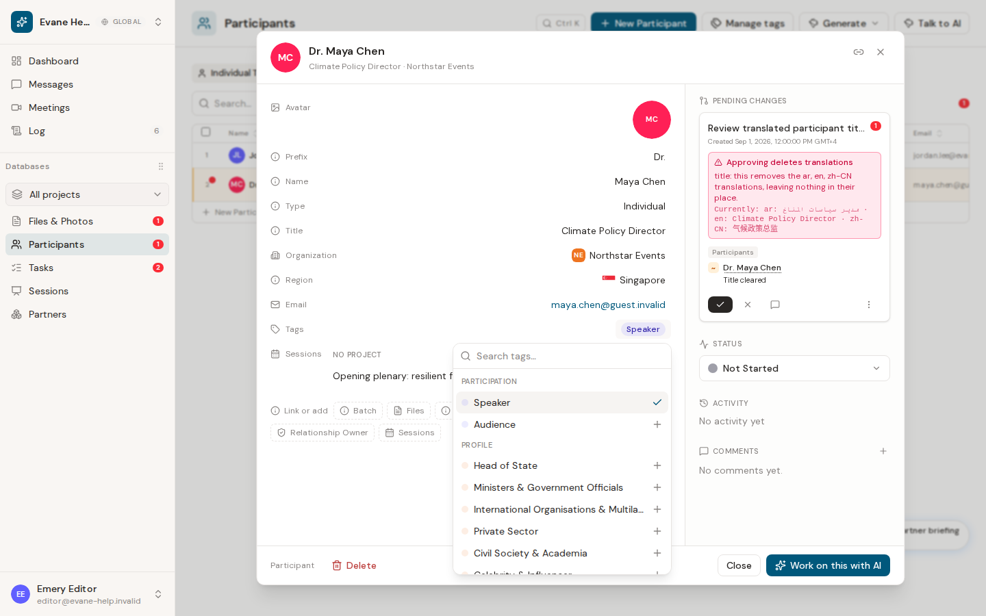 Manage participant photos, tags, and files in Evane