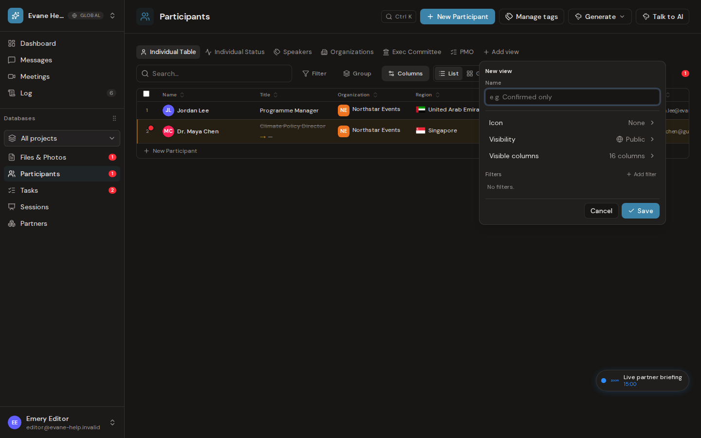 Create and manage custom Participant tabs in Evane