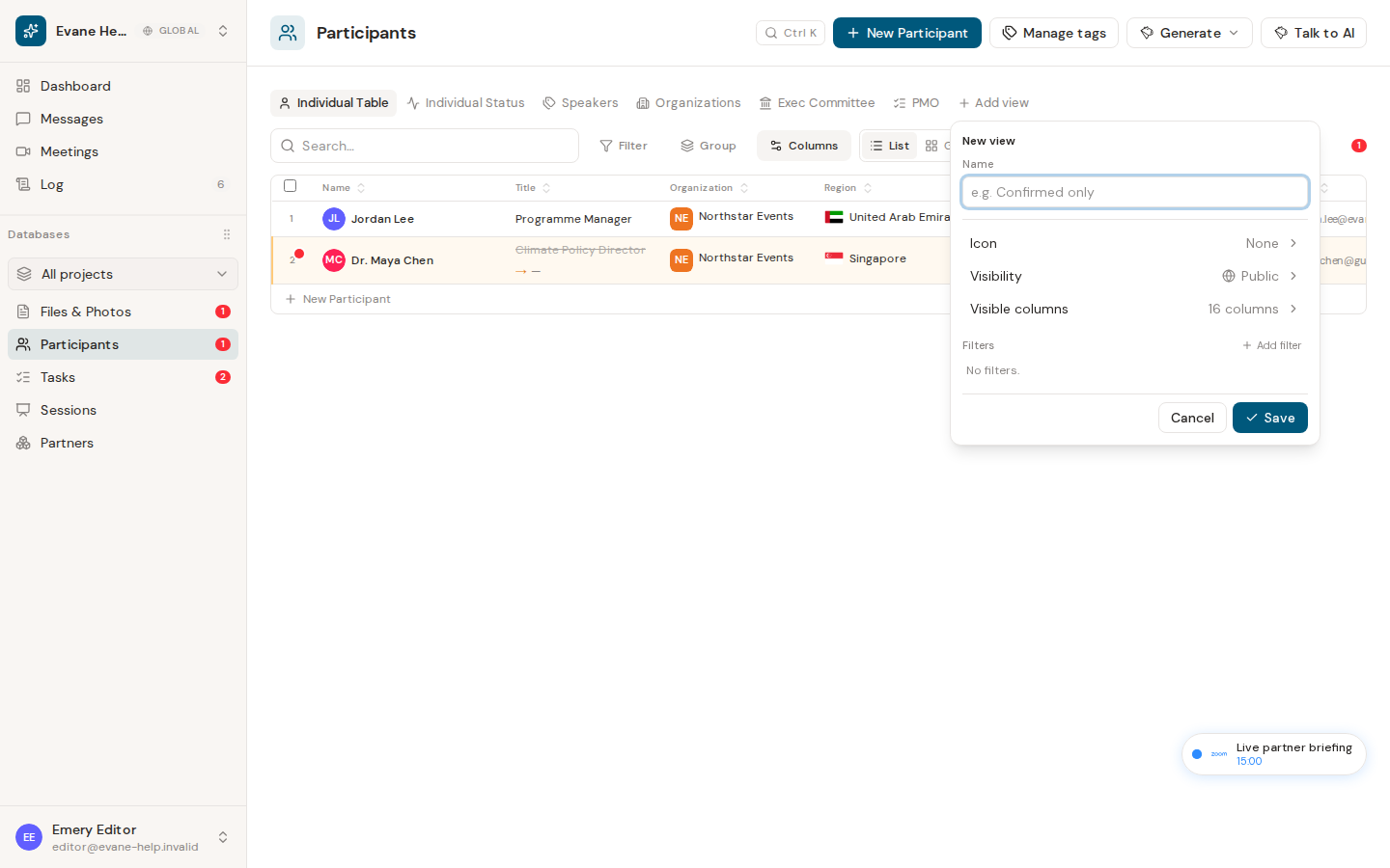 Create and manage custom Participant tabs in Evane