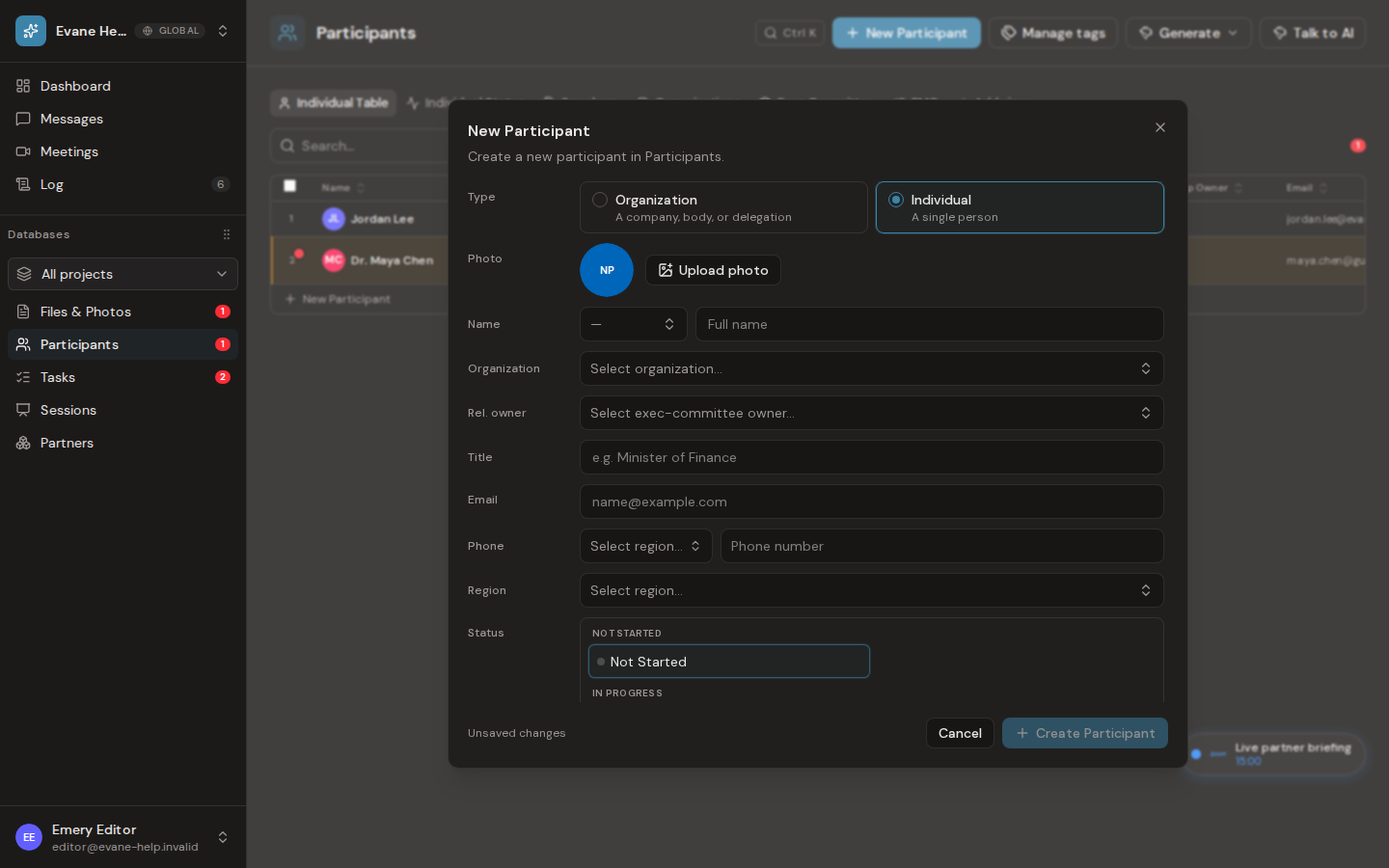 Create and edit individual participants in Evane