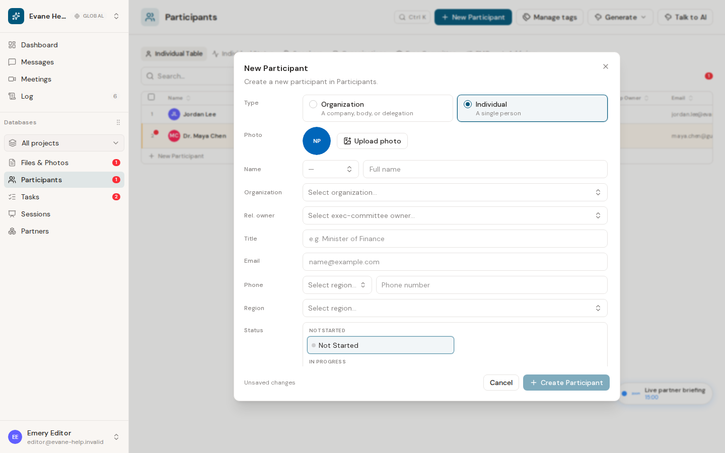 Create and edit individual participants in Evane