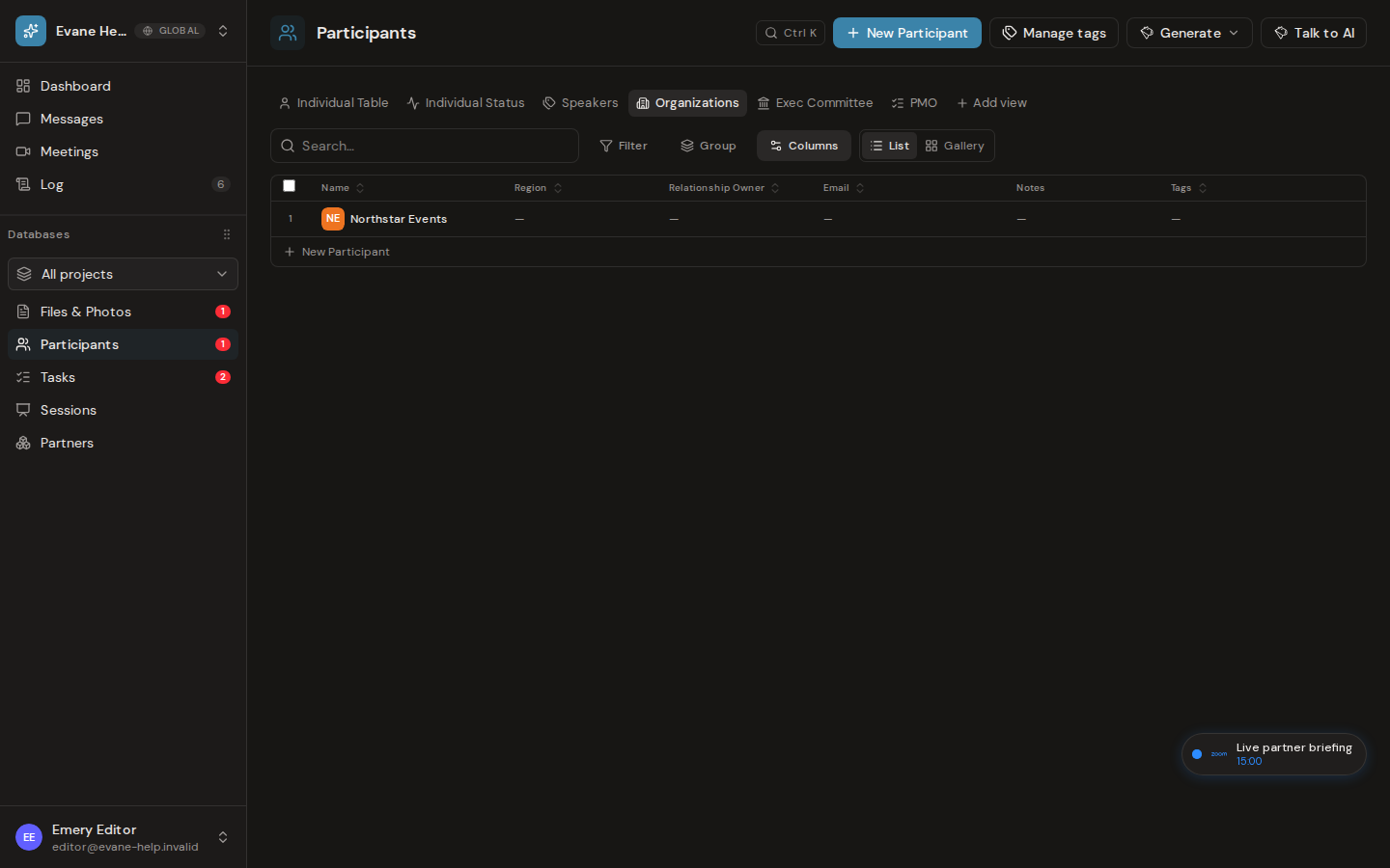 Create organizations and associate people in Evane