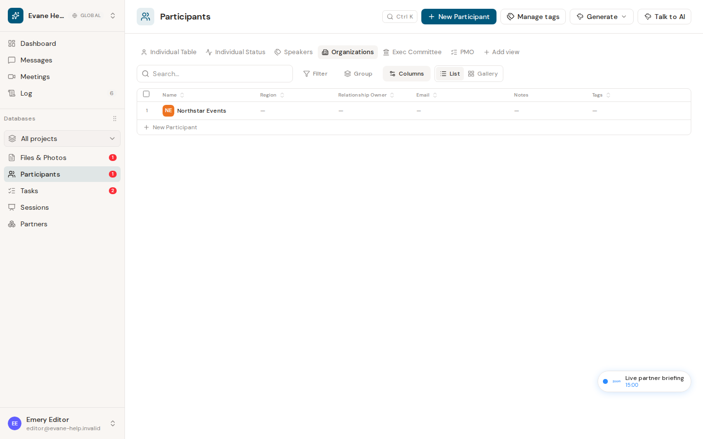 Create organizations and associate people in Evane