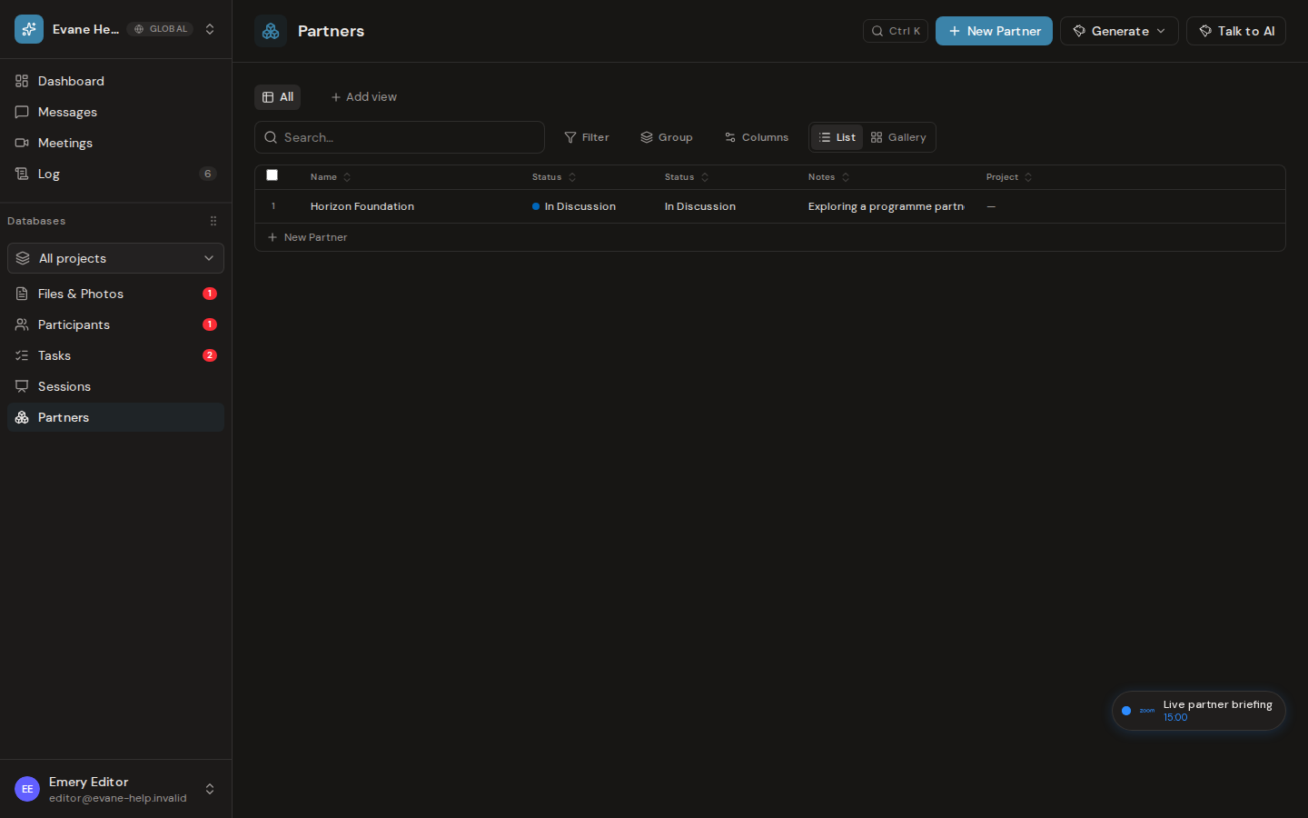 Manage partners in the Participants workspace in Evane