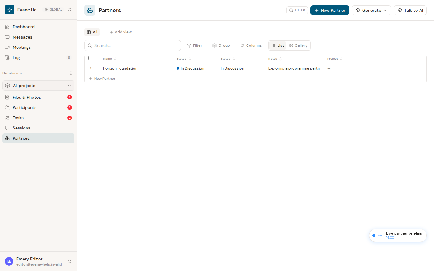 Manage partners in the Participants workspace in Evane