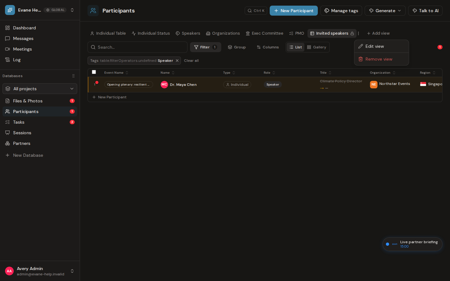 Create and manage saved views in Evane