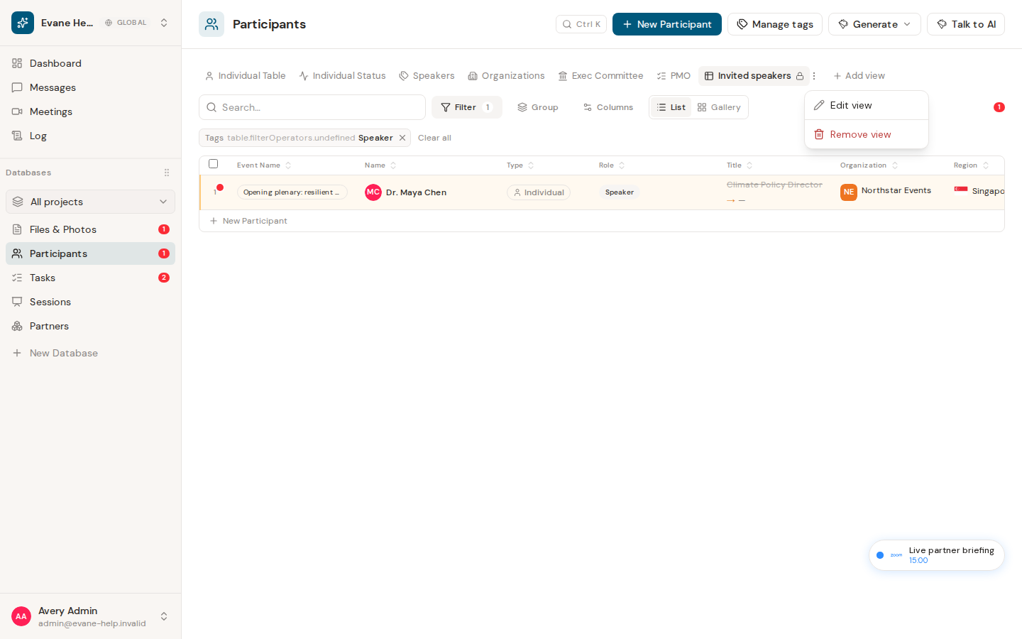 Create and manage saved views in Evane