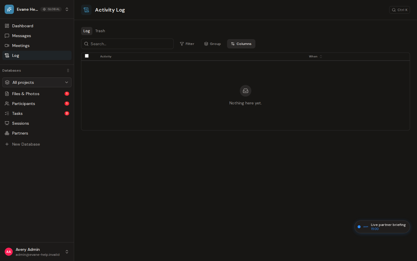 View the Activity Log in Evane