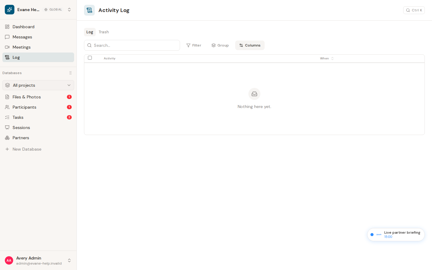 View the Activity Log in Evane