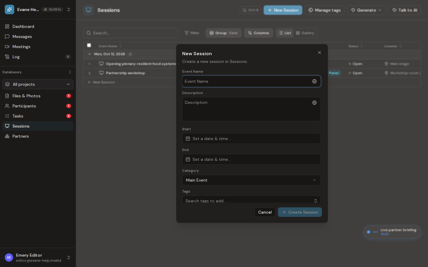 Create and edit sessions in Evane