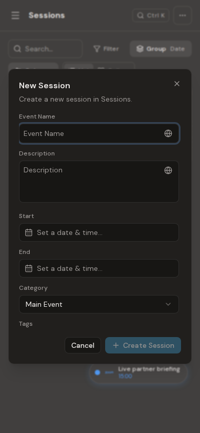 Create Session form on mobile