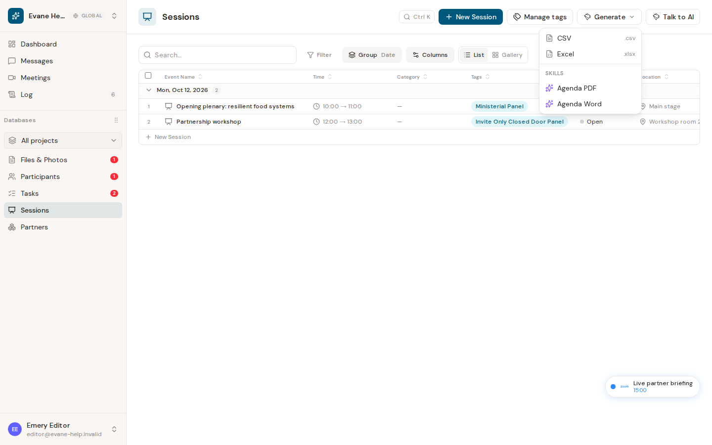Export an Agenda as Word or PDF in Evane