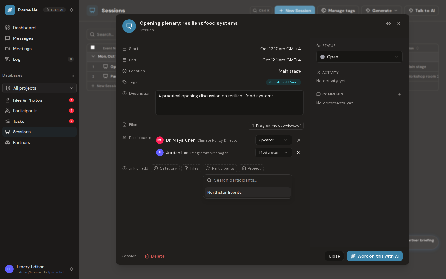 Add participants to a session and assign roles in Evane
