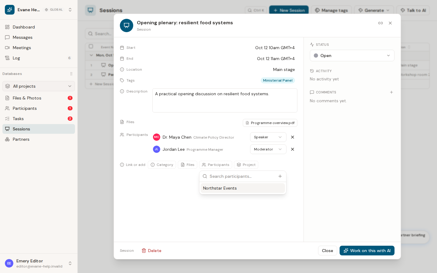 Add participants to a session and assign roles in Evane