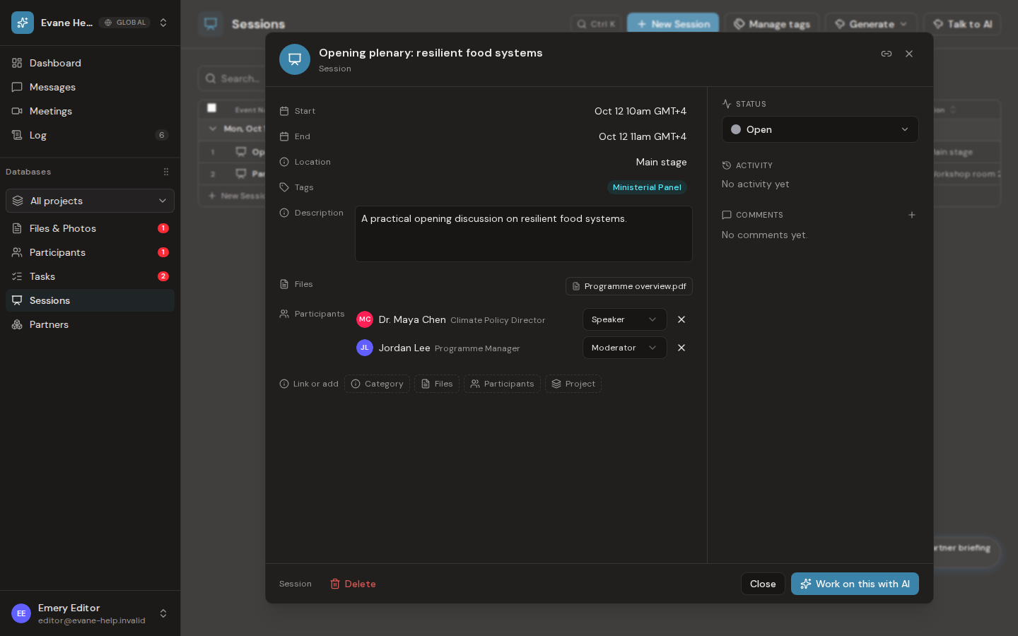 Review session status, files, comments, and activity in Evane
