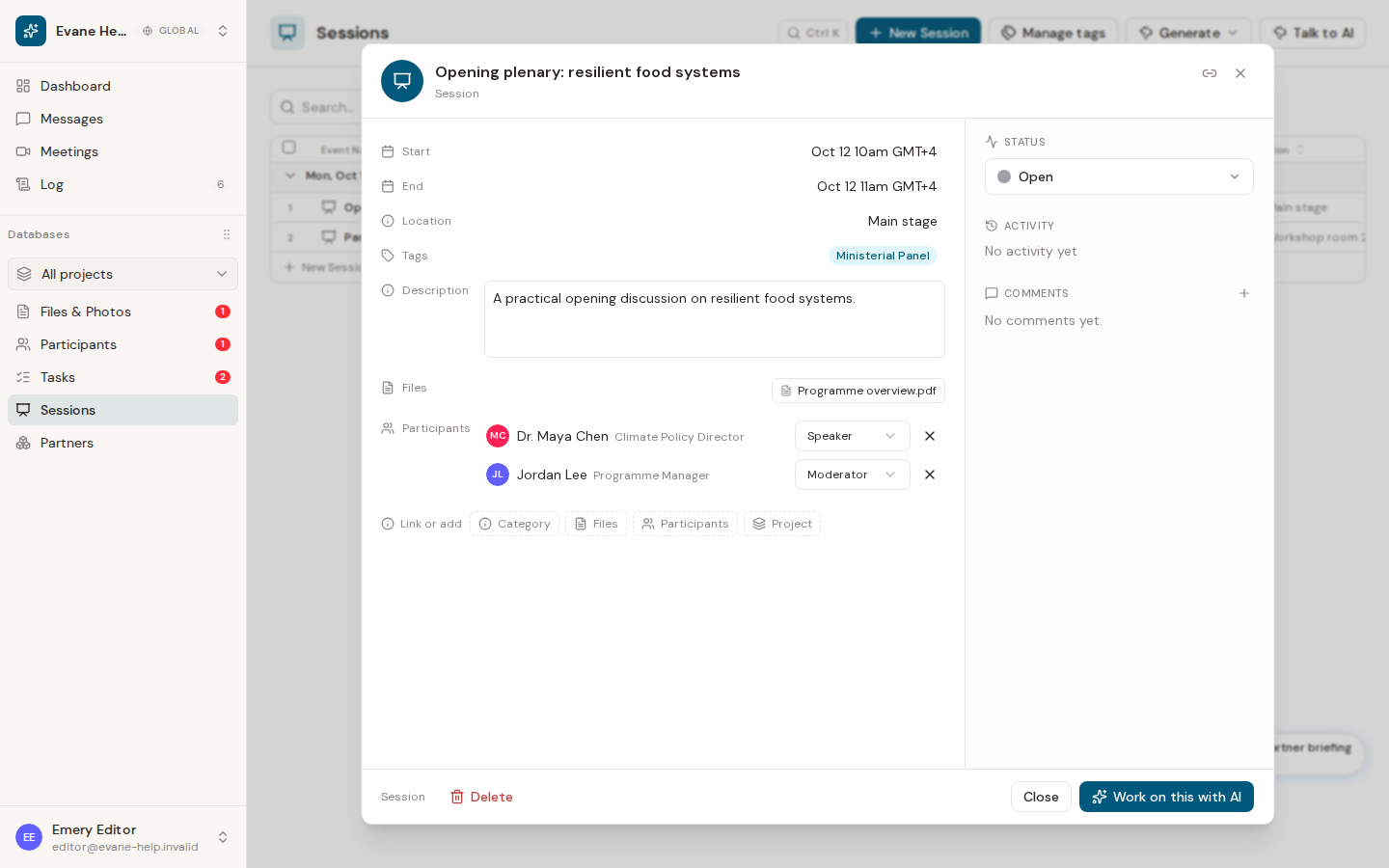 Review session status, files, comments, and activity in Evane
