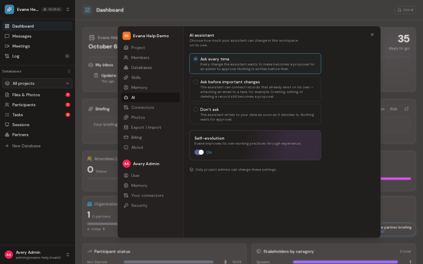 Configure AI change approval and self-evolution in Evane