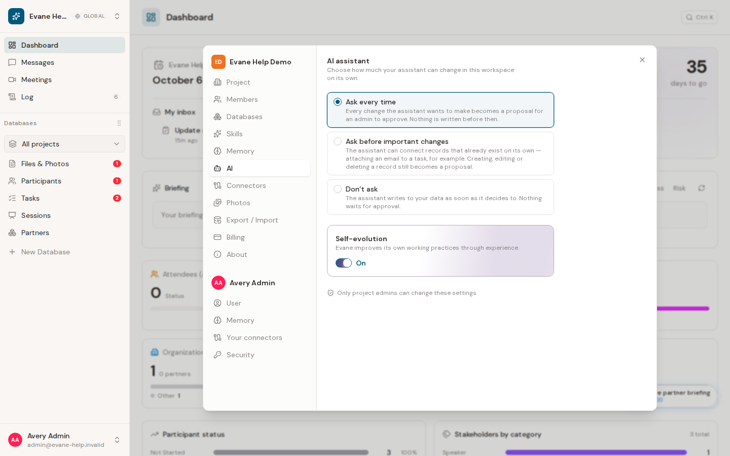 Configure AI change approval and self-evolution in Evane