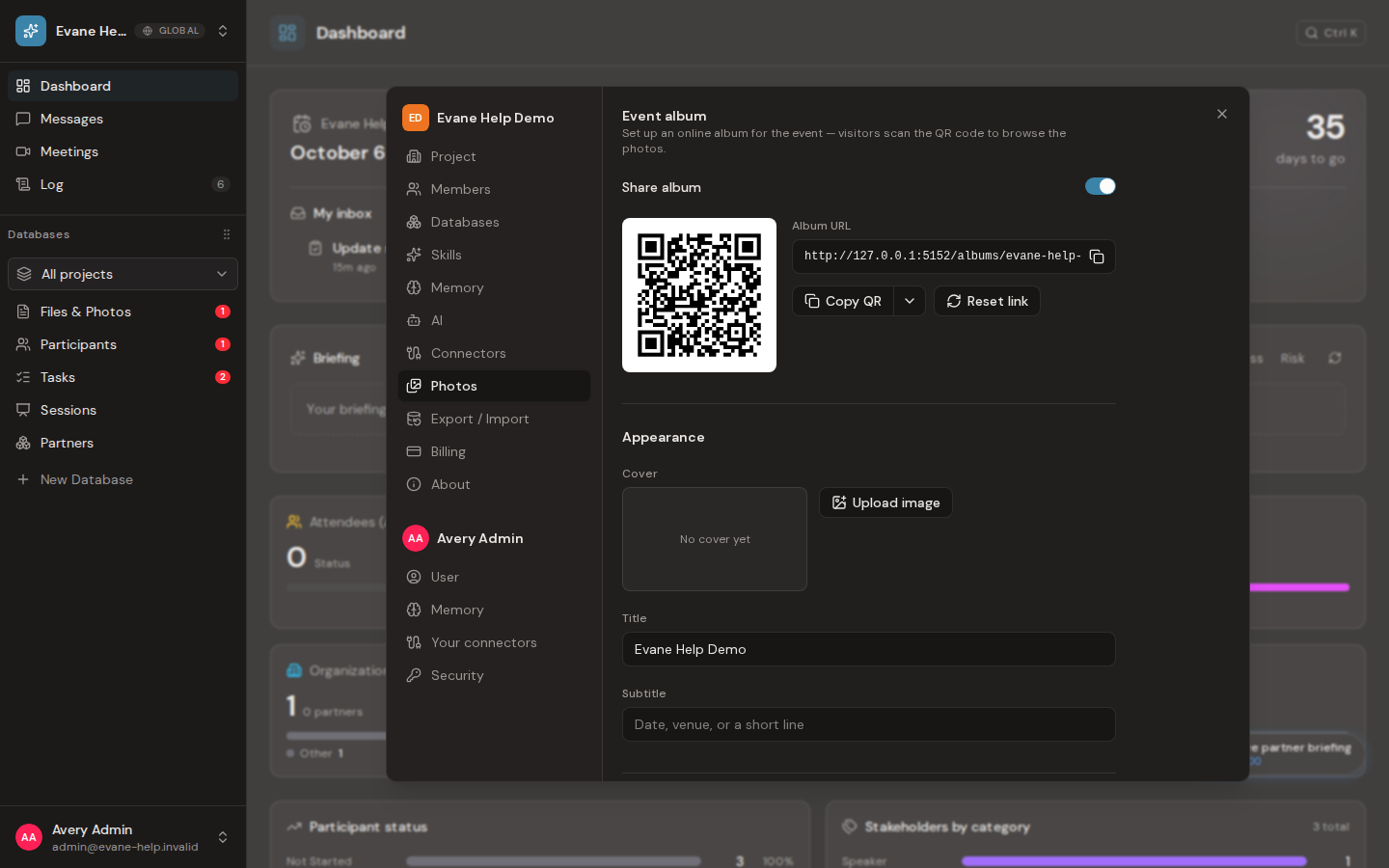 Configure the event album in Evane