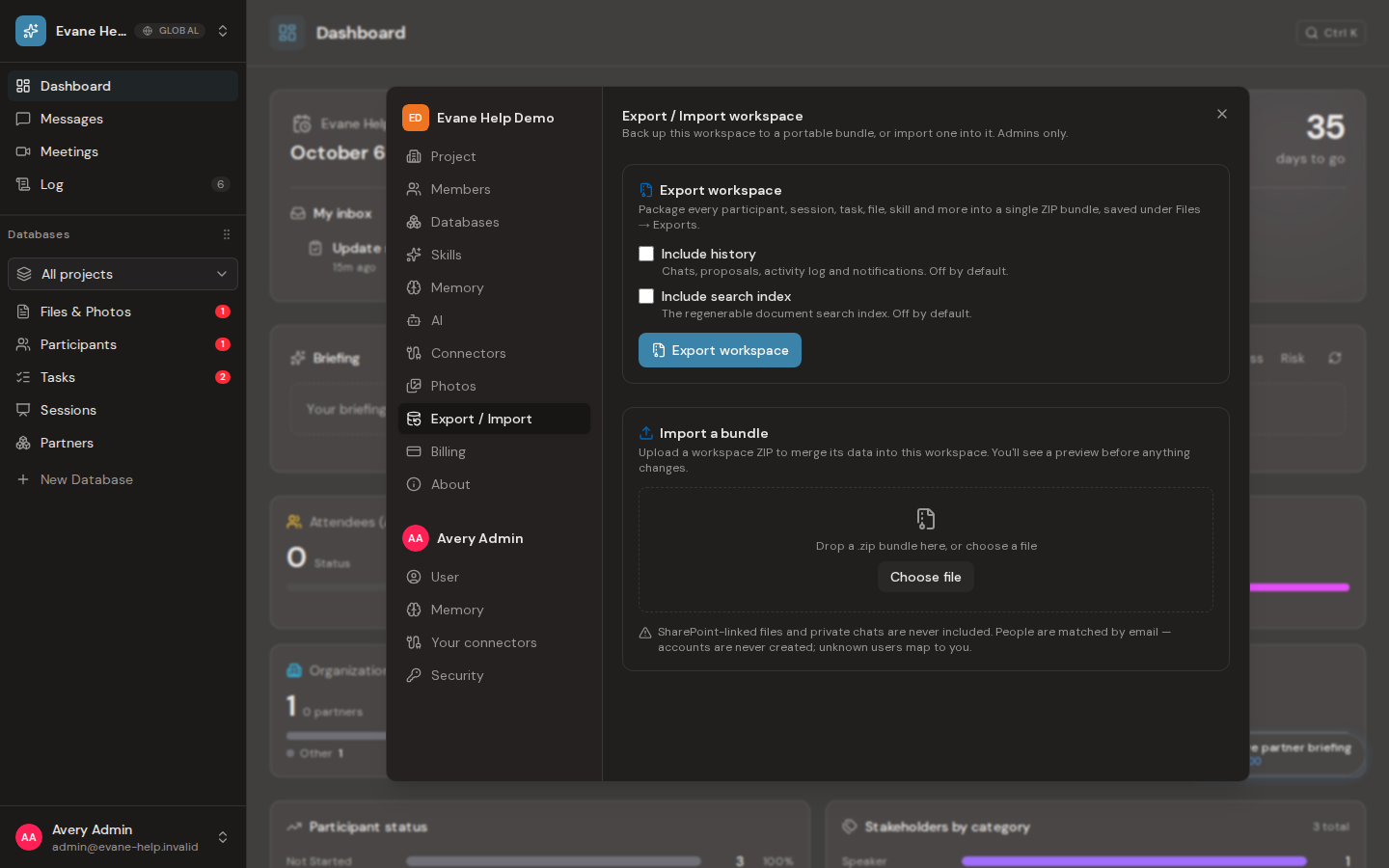 Export or import workspace data in Evane