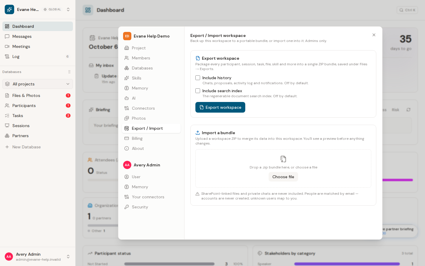 Export or import workspace data in Evane